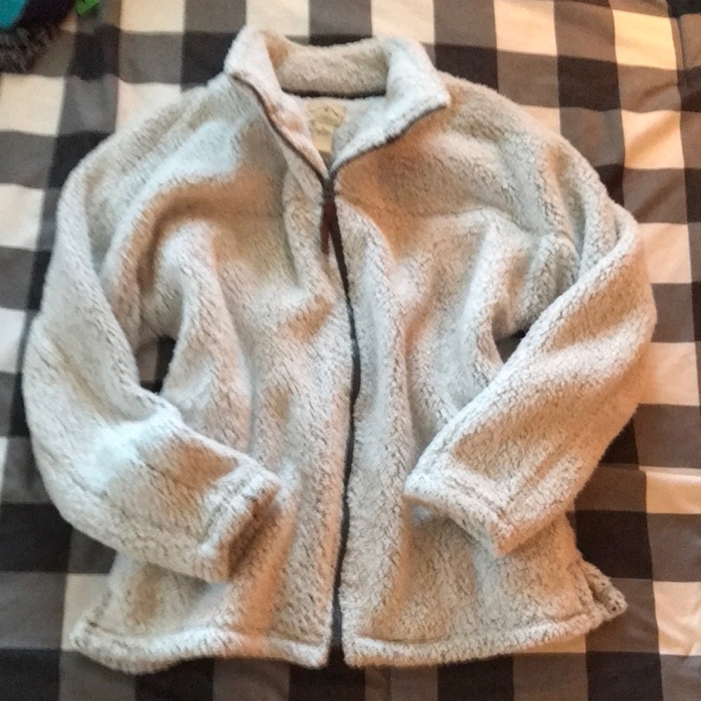 NWOT BLUE MOUNTAIN Teddy Sherpa Fleece OFF WHITE/GRAY Cozy Zip-Up Warm Jacket XL
